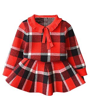 Little Surprise Box Cotton Full Sleeves Checked Sweatshirt & Skirt Set - Red