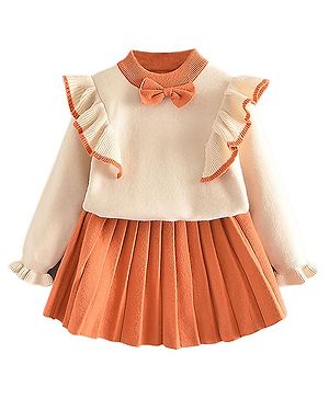 Little Surprise Box Cotton Full Puffed Sleeves Bow Applique Detailed Sweatshirt & Pleated Skirt Set - Orange