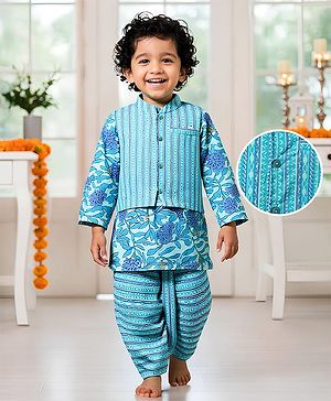 Babyhug Full Sleeves Dhoti Kurta With Floral Print & Jacket Set - Blue