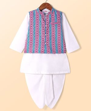 Babyhug Cotton Cambric Full Sleeves Solid Colour Kurta & Dhoti Set with Floral Printed Jacket - White & Purple