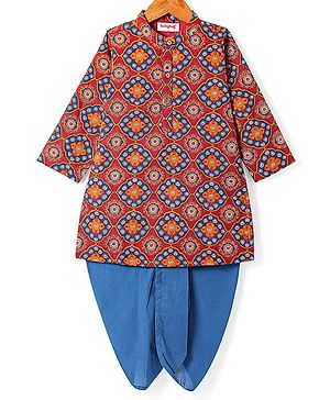 Babyhug Cotton Woven Full Sleeves Printed Kurta & Dhoti Set with Floral Print - Maroon