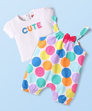 Babyhug Single Jersey Knit Half Sleeves T-Shirt with Dungaree Style Romper Cute & Polka Dots Printed - White Pink & Blue