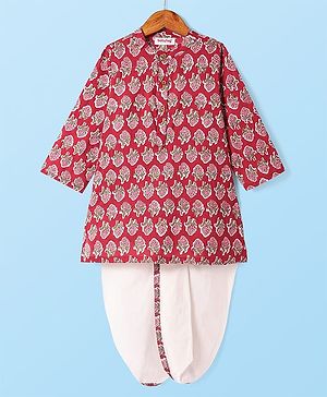 Babyhug Cotton Woven Full Sleeves Cambric Floral  Printed Kurta & Dhoti Set - Red