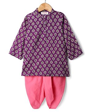 Babyhug Cotton Woven Mandarin Collar Full Sleeves Kurta Dhoti Set With Floral Print - Purple