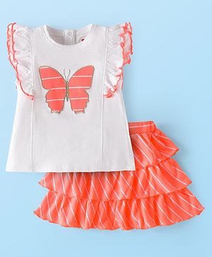 Babyhug Single Jersey Knit Frill Sleeves Top with Skirt & Butterfly Patch - White & Neon Orange