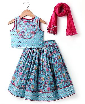 Babyhug Cotton Woven Sleeveless Cambric Printed Lehenga Choli & Dupatta Set - Light Blue