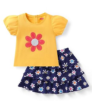 Babyhug Single Jersey Knit Puffed Sleeves Top & Skirt with Floral Print Sequin Detailing - Yellow & Navy Blue