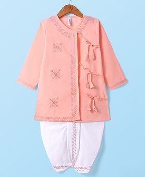 Babyhug Cotton Full Sleeves Embroidered Angarakha Kurta Dhoti Set - Coral