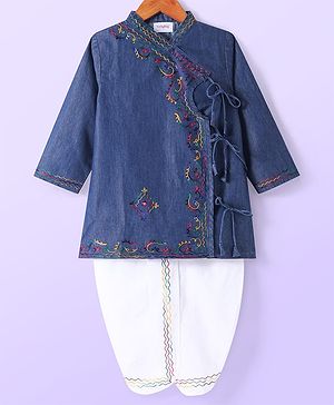 Babyhug Cotton Full Sleeves Embroidered Angarakha Kurta Dhoti Set - Blue