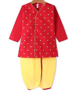 Babyhug Cotton Woven Full Sleeves Embroidered Overlap Kurta Dhoti Set - Red
