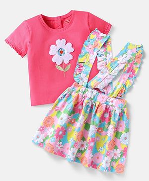 Babyhug Single Jersey Knit Half Sleeves Top & Skirt Set with Floral Embroidery & Frill Detailing - Pink