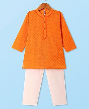 Babyhug Cotton Woven Cambric Dobby Full Sleeves Kurta Pyjama Set - Orange