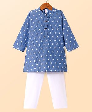 Babyhug Cotton Woven Cambric Full Sleeves Floral Embroidery Kurta Pyjama Set - Blue