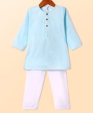 Babyhug Cotton Woven Cambric Solid Full Sleeves Kurta Pyjama Set - Light Blue
