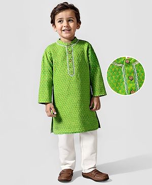 Babyhug Cotton Woven Cambric Dobby Embroidered Full Sleeves Kurta Pyjama Set - Green