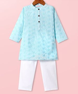 Babyhug Cotton Woven Cambric Schiffly Full Sleeves Kurta Pyjama Set - Light Blue