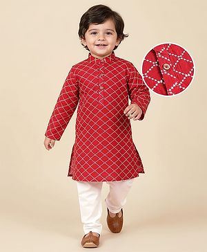 Babyhug Full Sleeves Cotton Woven Kurta with Embriodery and Payjama Set - Red