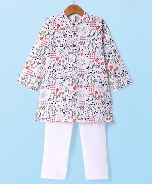 Babyhug Full Sleeves Cotton Woven Kurta with Floral Print and Payjama Set - White