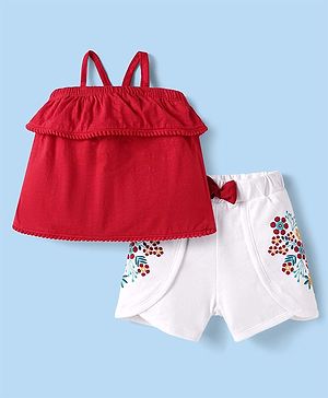 Babyhug Single Jersey Knit Singlet Off Shoulder Sleeves Solid Top & Shorts Set With Floral Embroidery & Bow Applique - Red & White