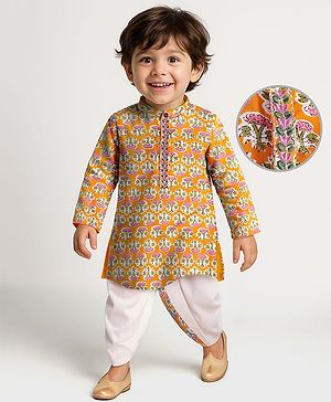 Babyhug Cotton Woven Full Sleeves Floral Printed Kurta Dhorti Set - Orange & White