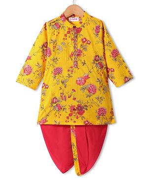 Babyhug Cambric Woven Full Sleeves Kurta Dhoti Set With Floral Print - Yellow