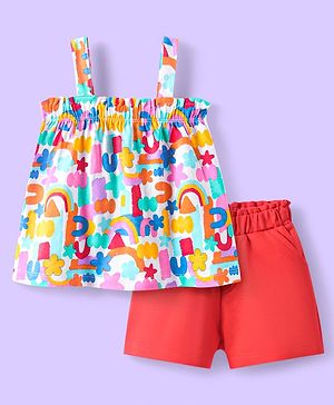 Babyhug Single Jersey Knit Sleeveless Top & Shorts Set with Floral Print - White & Red