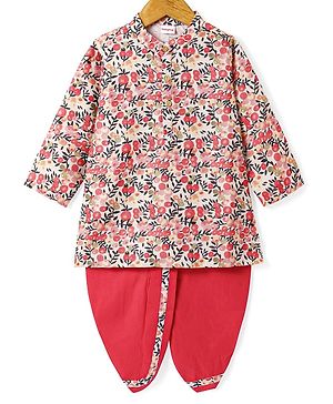 Babyhug Cambric Full Sleeves Kurta Dhoti Set With Floral Print - Beige