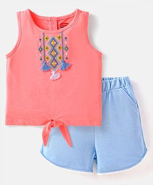 Babyhug Single Jersey Knit Sleeveless Embroidered Top & Shorts Set - Pink & Blue