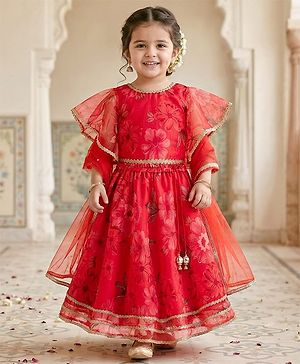 Babyhug Woven Floral Printed Flutter Sleeves Choli Lehenga Set with Floral Print & Lace Detailing & Dupatta - Orange