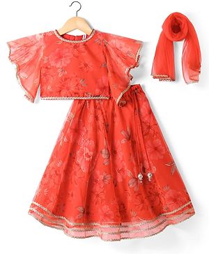 Babyhug Woven Floral Printed Flutter Sleeves Choli Lehenga Set with Floral Print & Lace Detailing & Dupatta - Orange