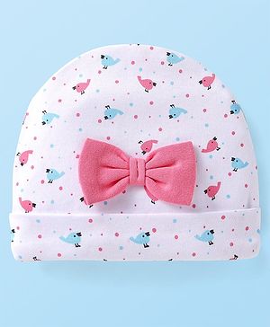 Babyhug Interlock Knit Cap With Bird & Polka Dot Print & Bow Applique - White