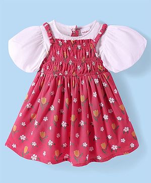 Babyhug Rayon Woven Half Puffed Sleeves Frock With Floral Print - Red & White