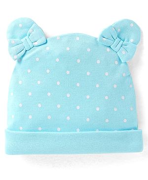 Babyhug Interlock Knit Cap with Bow Applique & Polka Dots - Light Blue