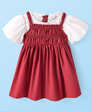 Babyhug Cotton Woven Half Puffed Sleeves Solid Colour Frock - Maroon