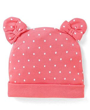 Babyhug Interlock Knit Cap With Ear Applique & Polka Dot Print - Pink