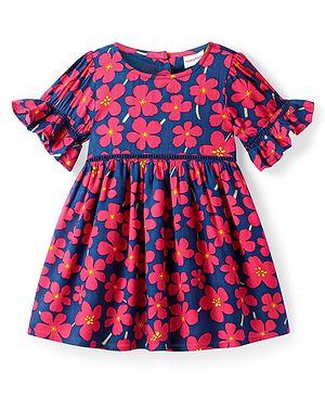 Babyhug Rayon Woven Half Sleeves Frock with Floral Print - Blue & Dark Pink