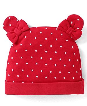 Babyhug Interlock Knit Cap With Ear Applique & Polka Dot Print - Red