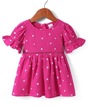 Babyhug Woven Half Bell Sleeves Frock with Polka Dots Print - Dark Pink