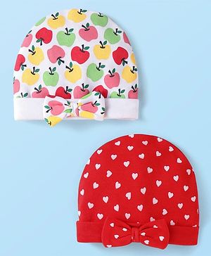 Babyhug 100% Cotton Interlock Knit Caps Heart & Tropical Print with Bow Applique Pack of 2 - Red & White