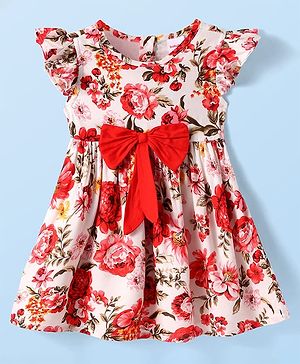 Babyhug Rayon Woven Frill Sleeves Floral Printed Frock with Bow Applique - Red