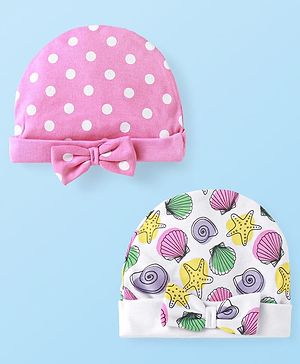Babyhug 100% Cotton Knit Tie Knot Cap Beach Theme & Polka Dot Print Pack of 2 - Pink & White