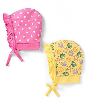 Babyhug Interlock Knit Caps with Polka Dots & Sea Life Print Pack of 2 - Pink & Yellow
