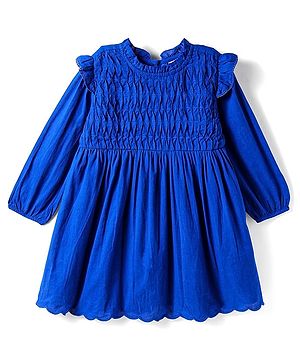 Babyhug Cotton Woven Full Sleeves Solid Colour Frock - Blue