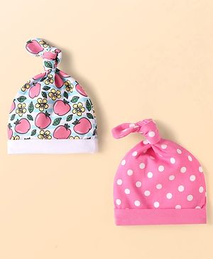 Babyhug Interlock Knit Caps with Floral Print & Polka Dots Pack of 2 - Pink & White - Diameter 9.5