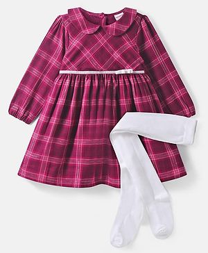 Babyhug Cotton Woven Full Sleeves Checks Frock With Peter Pan Collar & Stockings - Maroon