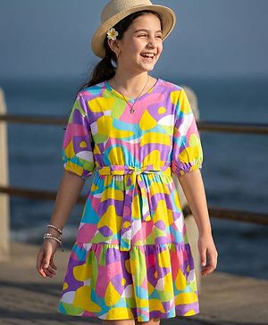 Pine Kids Cotton Knit Half Puffed Sleeves Frock with Abstract Print - White