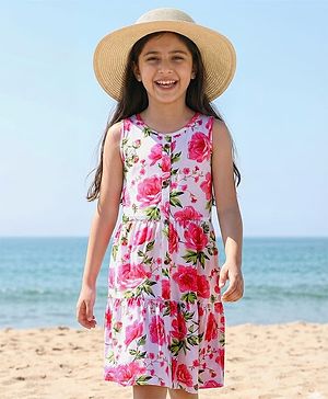 Pine Kids Cotton Knit Sleeveless A-Line Frock with Floral Print - Dark Pink