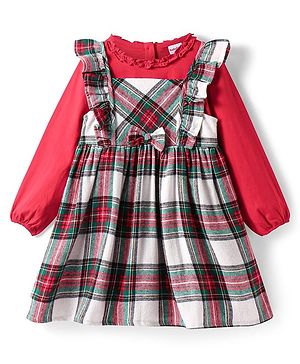 Babyhug Cotton Woven Checkered Frock With Full Sleeves Solid Colour Inner Tee - Green & Red