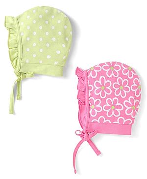 Babyhug 100% Cotton Knit Tie Knot Bonnet Cap Floral & Polka Dot Print Pack of 2 - Pink & Light Green
