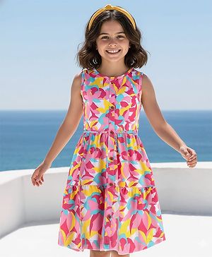 Pine Kids Cotton Knit Sleeveless A-Line Frock with Abstract Print - Dark Pink & Yellow